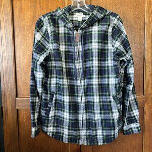 🌲 L.L.Bean Women’s Plaid Flannel Zip-Up Hoodie – Relaxed Fit – Size S